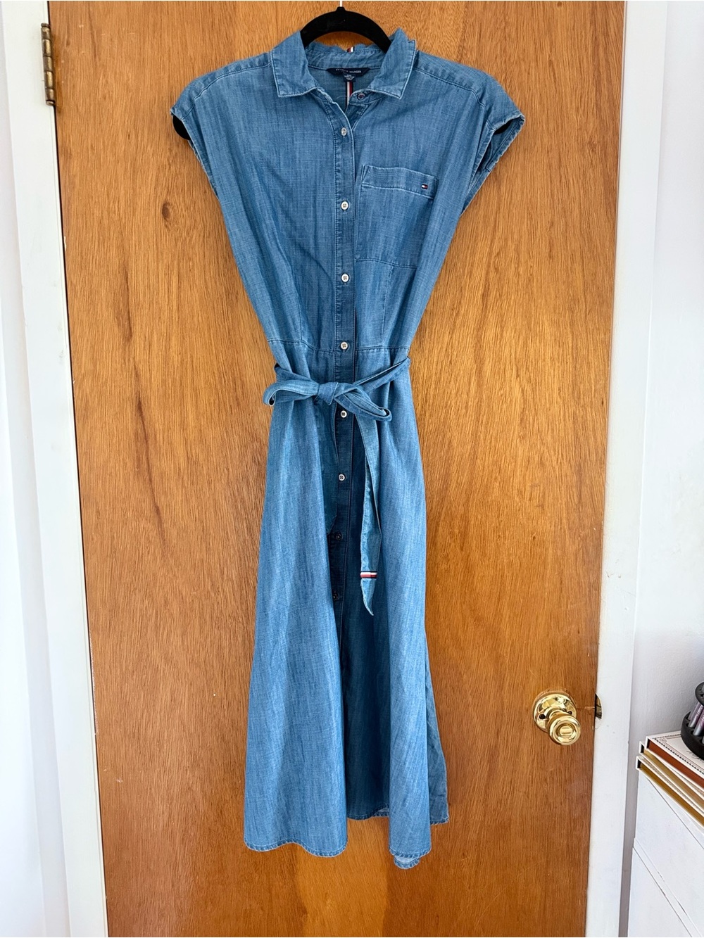 Tommy Hilfiger Denim Blue  Midi Dress with Tie Waist and Pockets